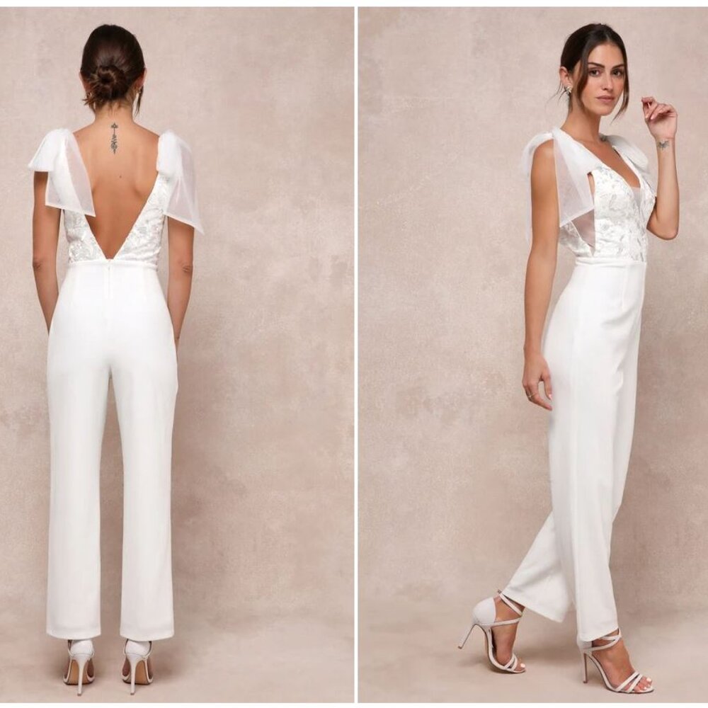 Lulus Dignified Beauty White Mesh Embroidered Tie-strap Jumpsuit - Size M - Picture 2 of 2